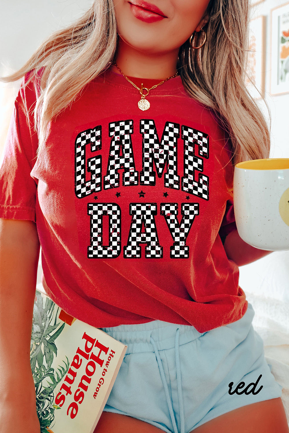 T-shirt femme graphique, à carreaux — rouge