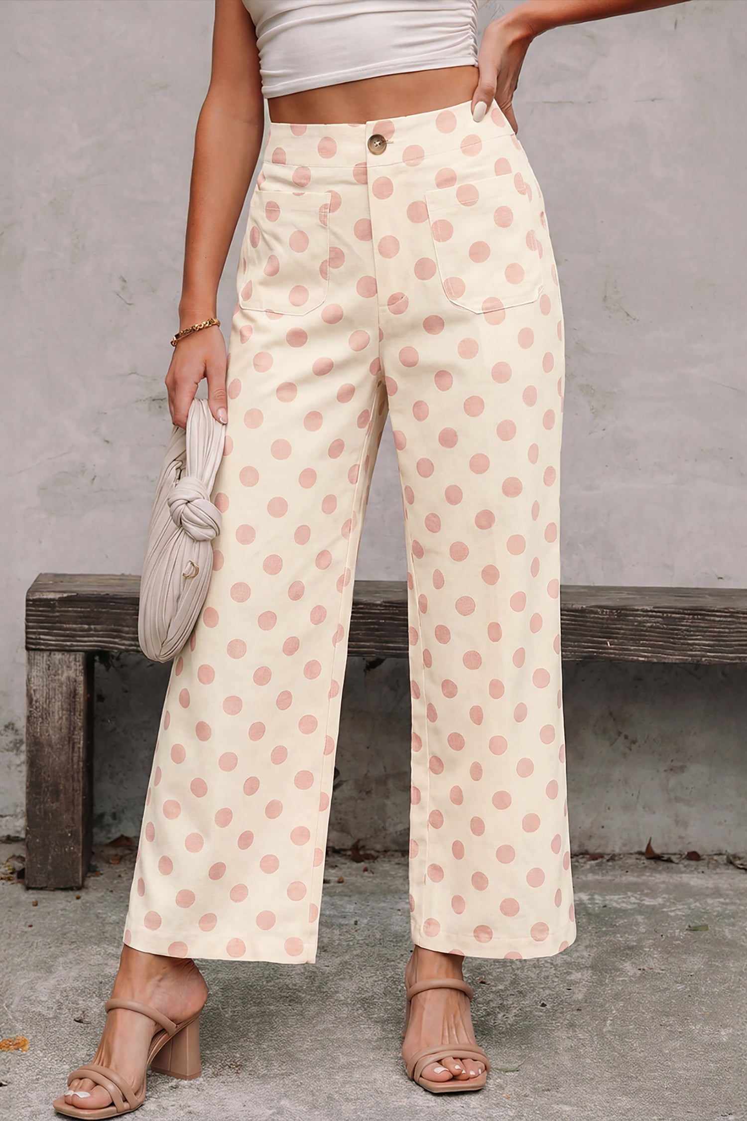 Pantalon femme pois, poches — blanc