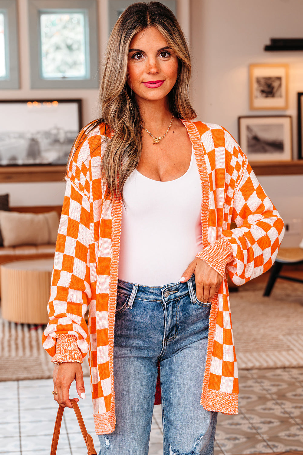 Orange Checkered Open Front Drop Shoulder Cardigan femme-P1422