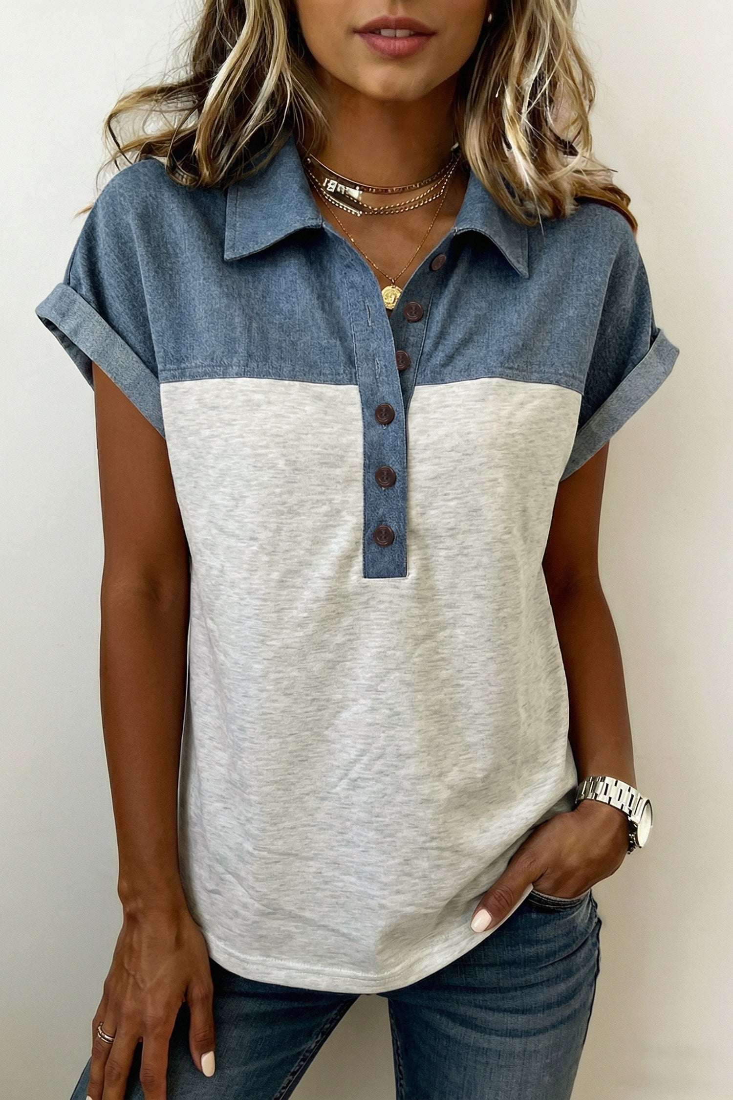 Haut color block, patchwork denim, manches courtes, col polo, boutons — noir