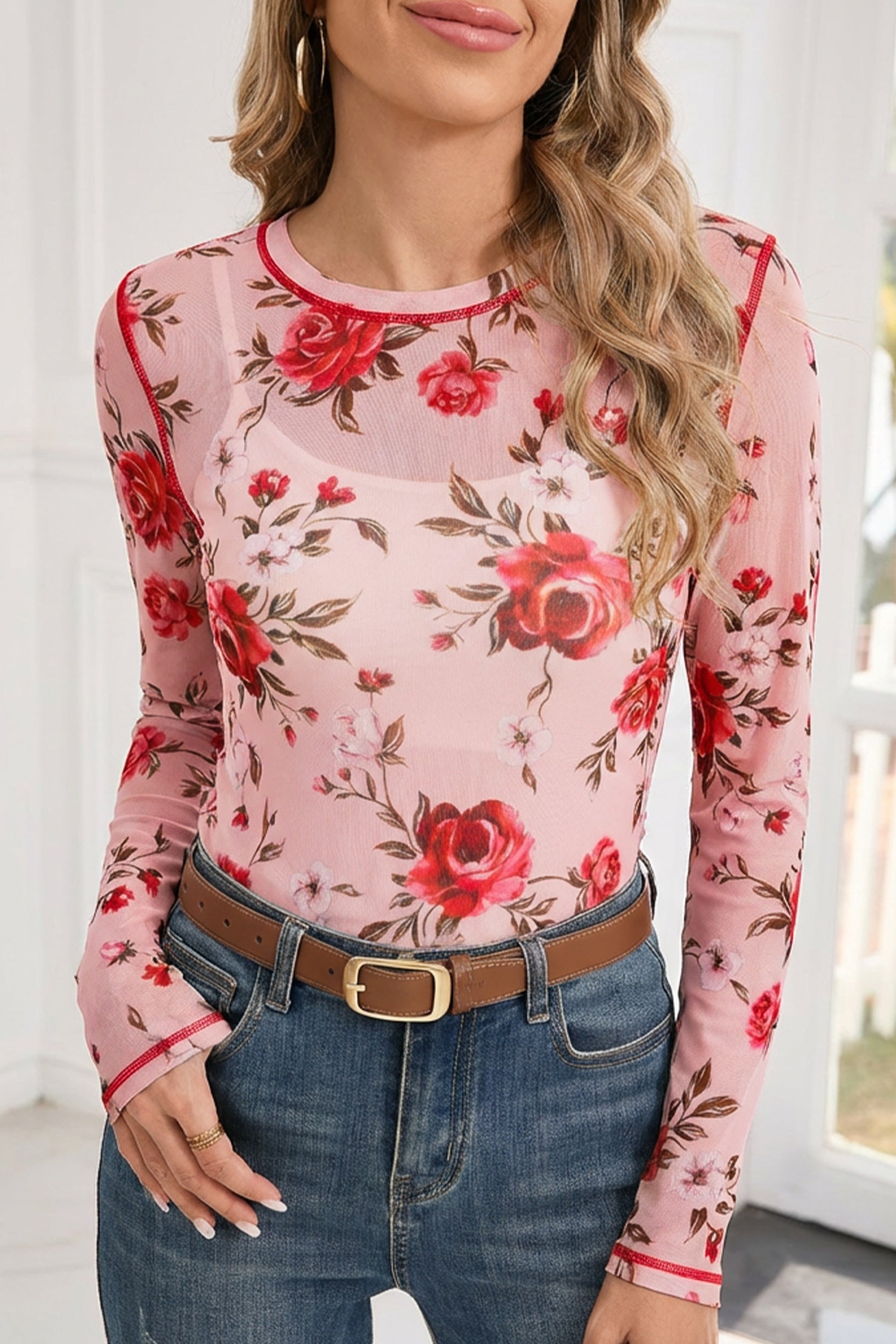 Haut femme floral, transparent, manches longues — rose
