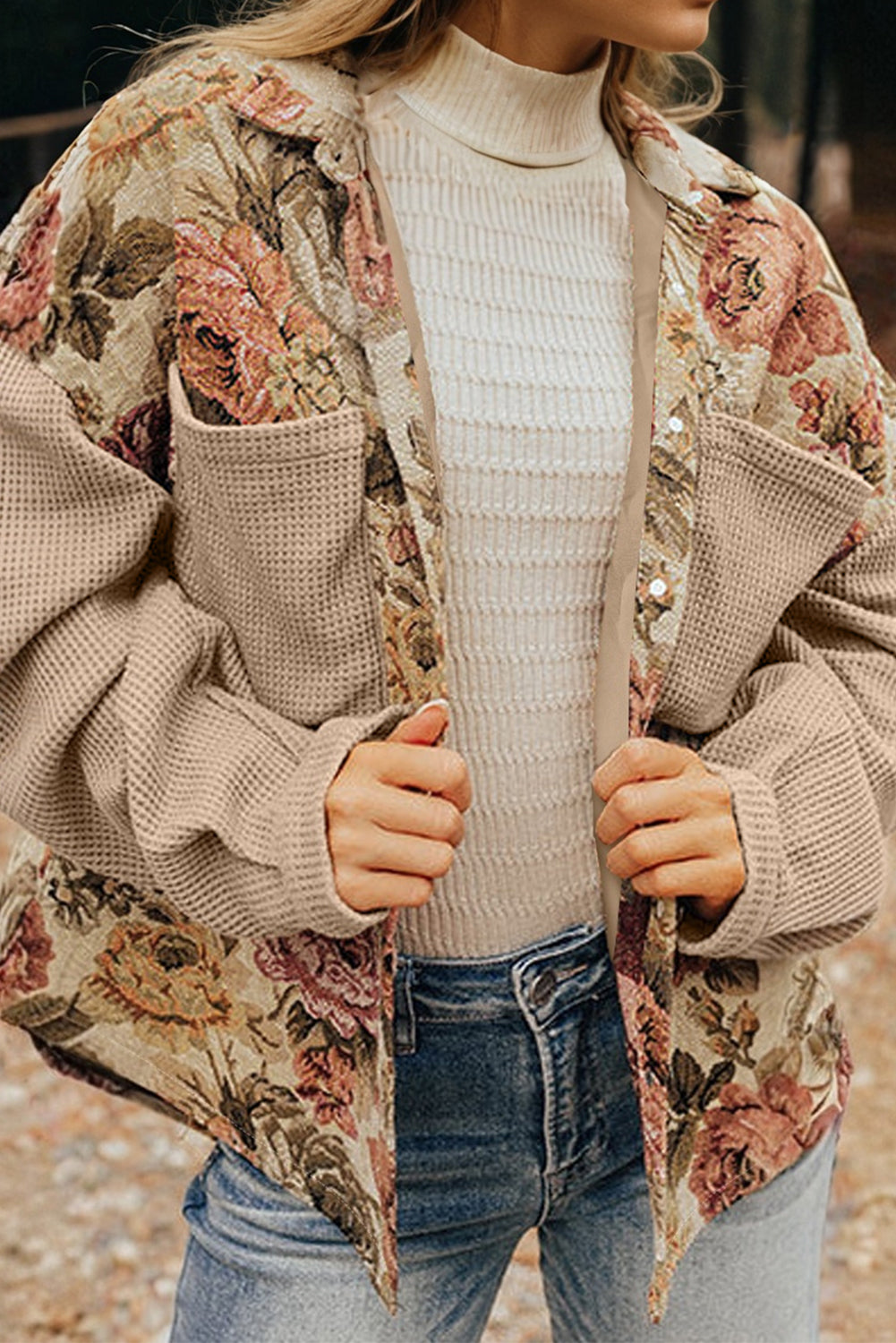 Veste femme floral, patchwork, gaufré, en maille, boutonnée, poches — kaki-P1620