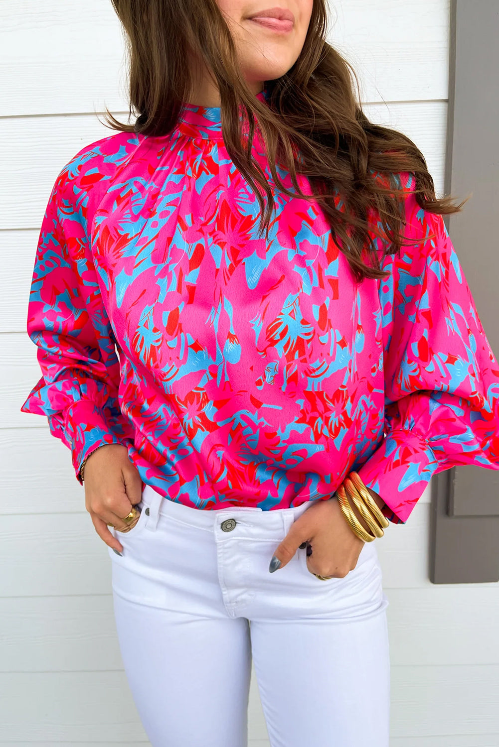 Blouse femme manches ballon, col montant — violet