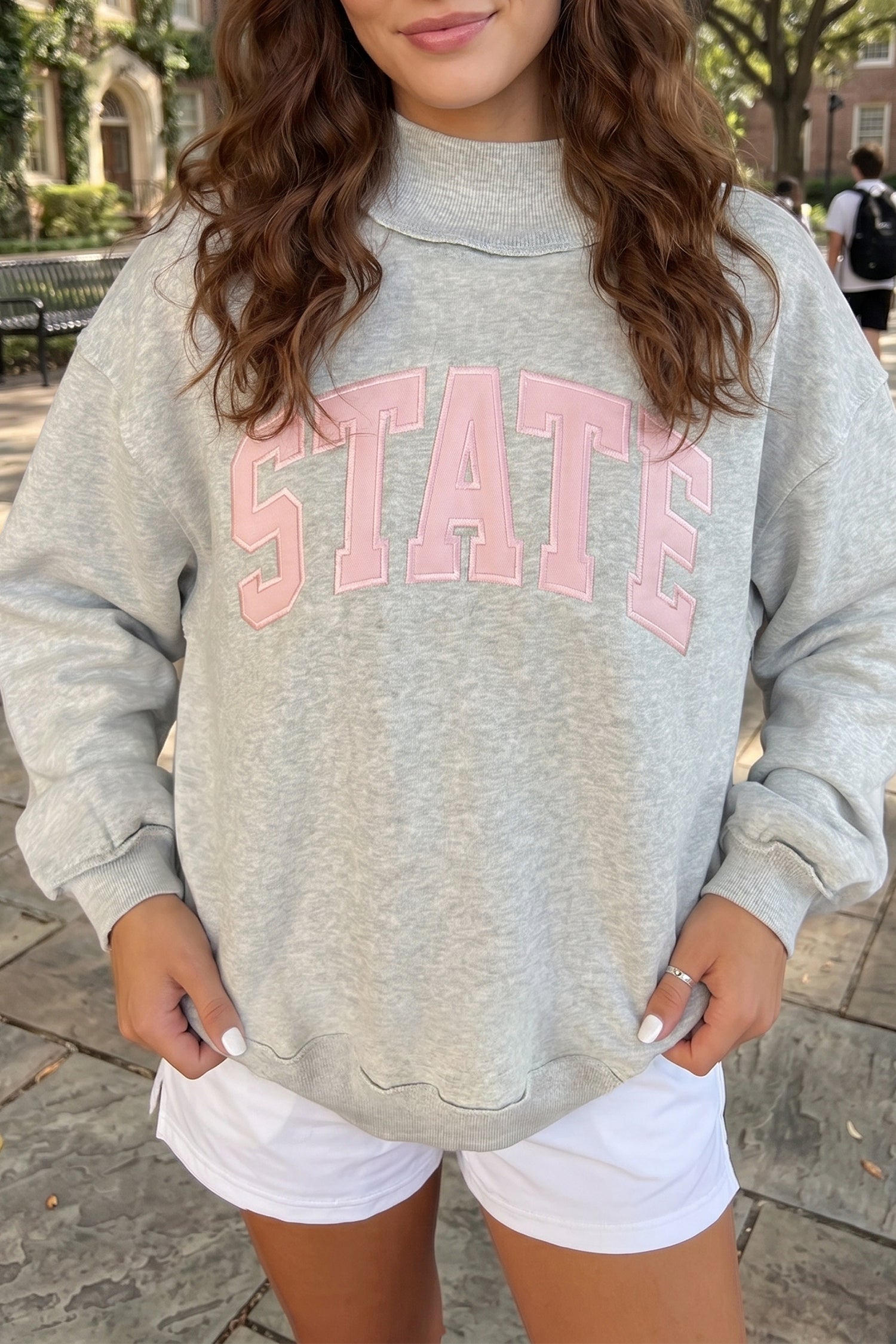 Light Grey Exposed Seam Mock Neck STATE Letter Graphic Loose Sweatshirt