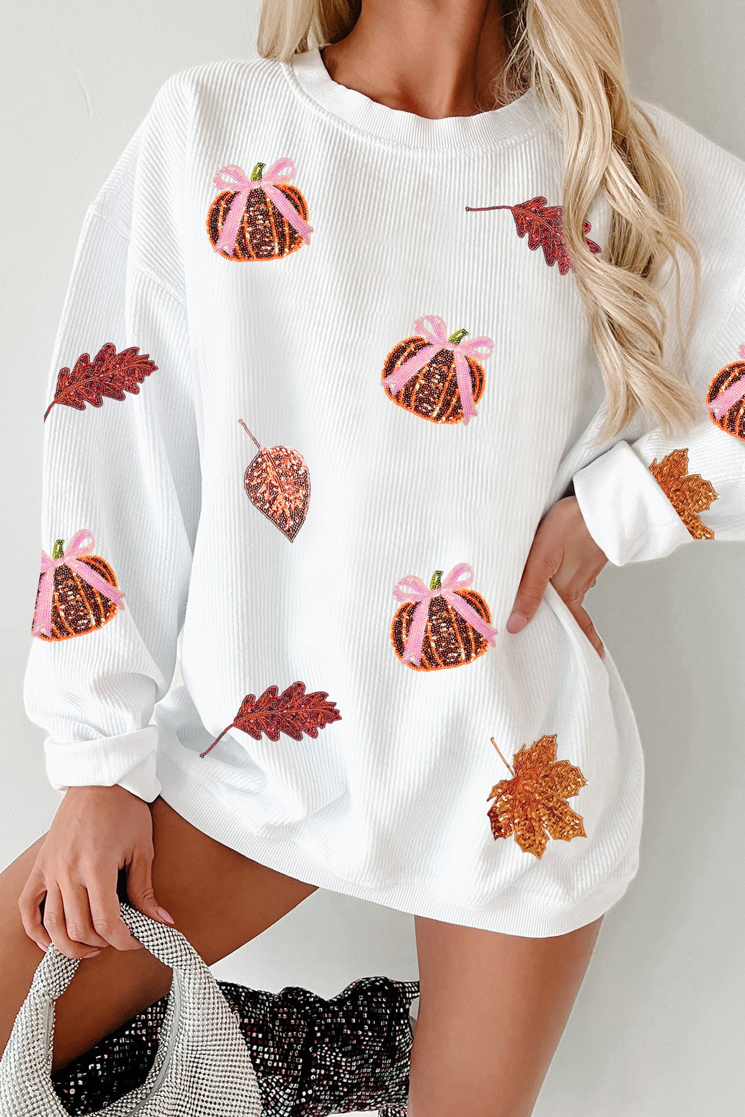 Sweat femme paillettes, oversized, côtelé — blanc