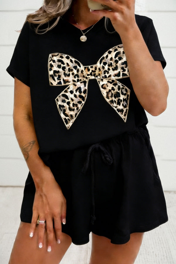 Ensemble femme léopard, à cordon, col V, ample — noir