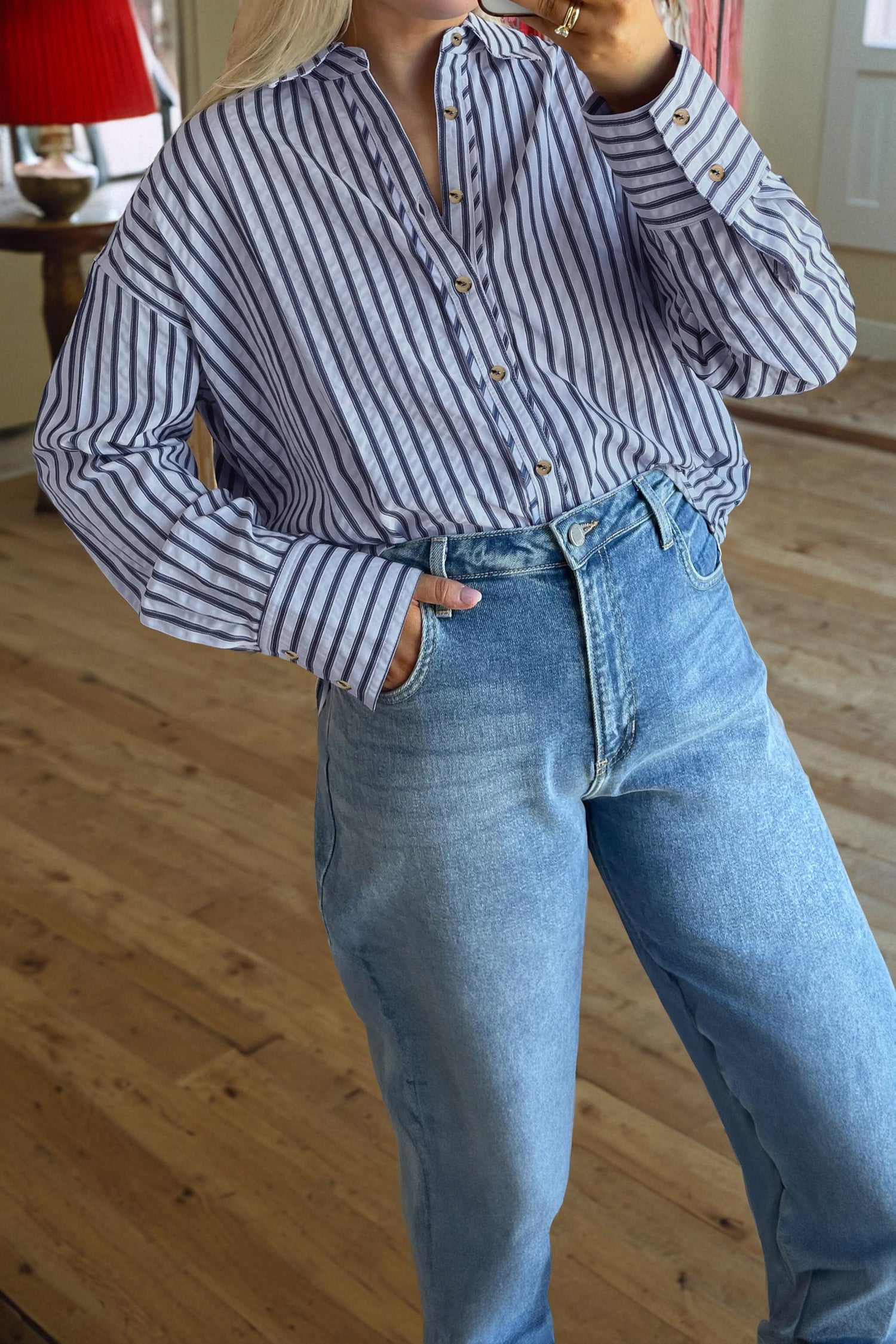 Chemise femme rayé, boutonnée, manches longues, ample — bleu
