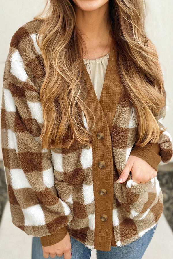 Cardigan femme à carreaux, en maille, poches, ample — marron