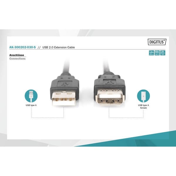 (€ 0,89 / 1 m) Digitus USB 2.0 Verlängerungskabel, USB-A Stecker > USB-A Buchse - Digitus - vue 3