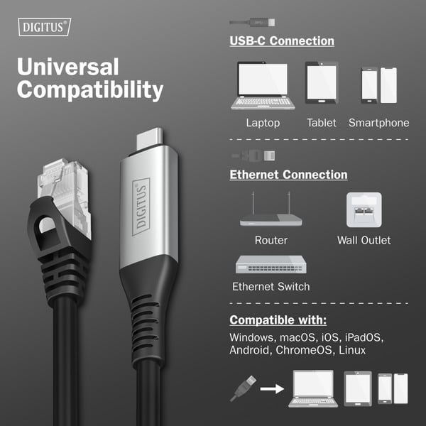Digitus USB-C 3.2 Gen1 > RJ-45 Ethernet câble, 1Gbit/s, Adapter - Digitus - vue 8