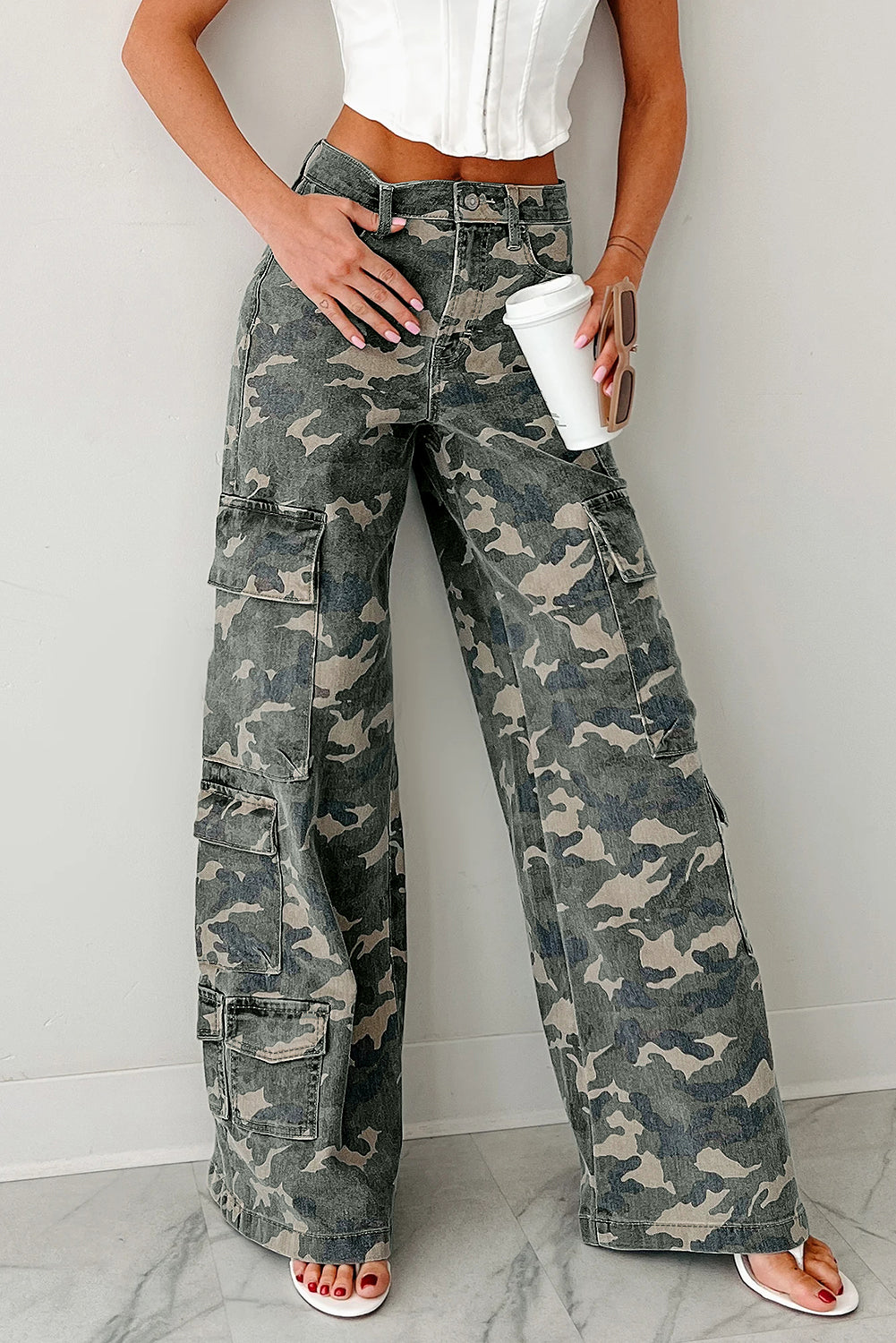 Pantalon femme camouflage, jambe large — vert-P920