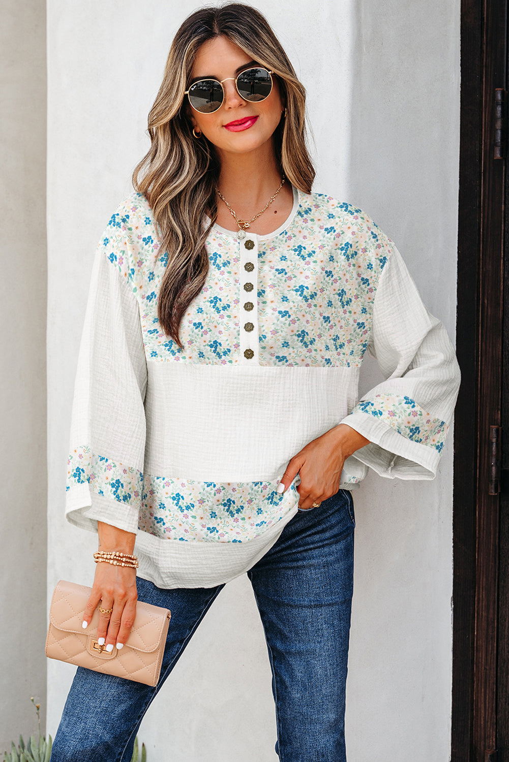 Blouse femme floral, patchwork, boutonnée — bleu ciel