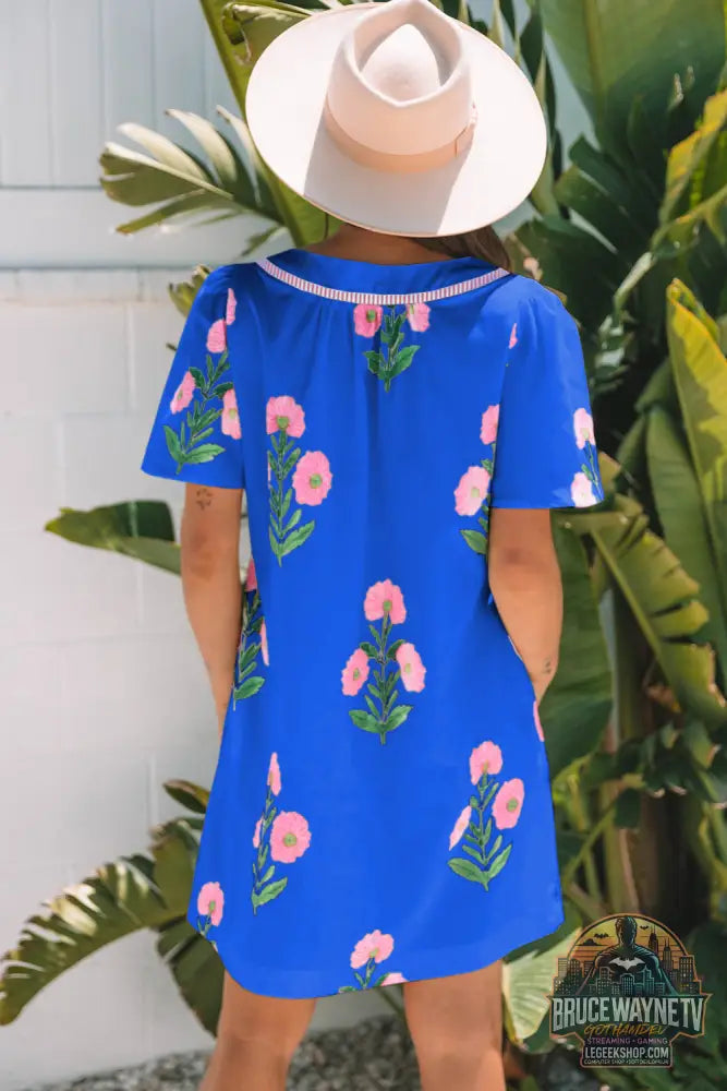 Blue floral à manches courtes couche divisée mini robe lâche - Dresses/Floral Dresses
