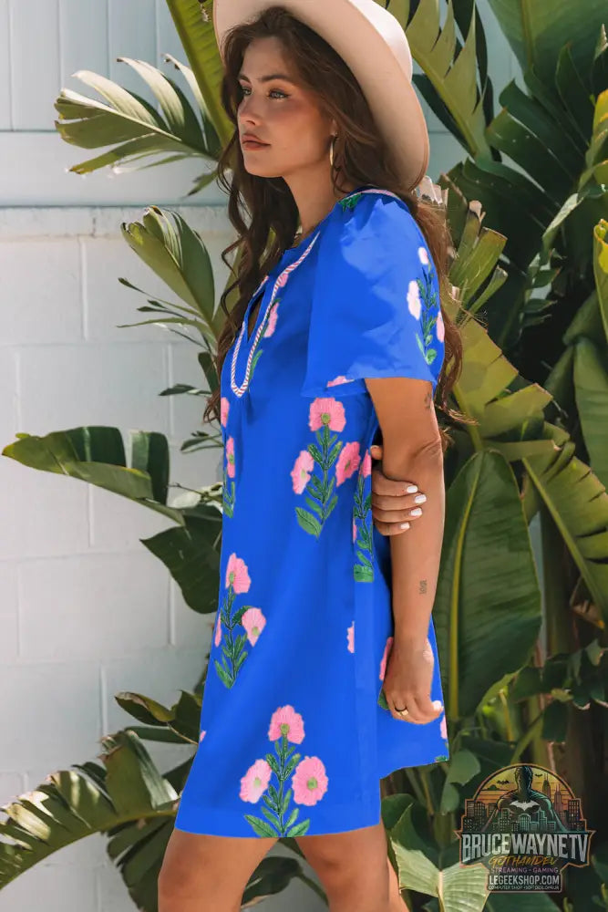 Blue floral à manches courtes couche divisée mini robe lâche - Dresses/Floral Dresses