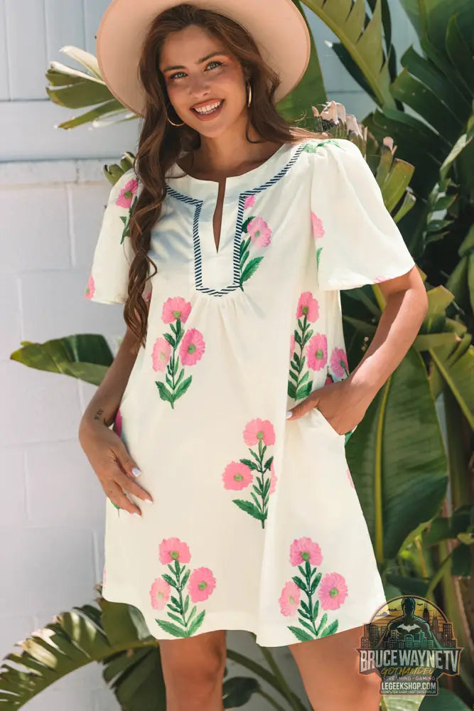 Blue floral à manches courtes couche divisée mini robe lâche - Apricot / S / 100% Polyester - Dresses/Floral Dresses