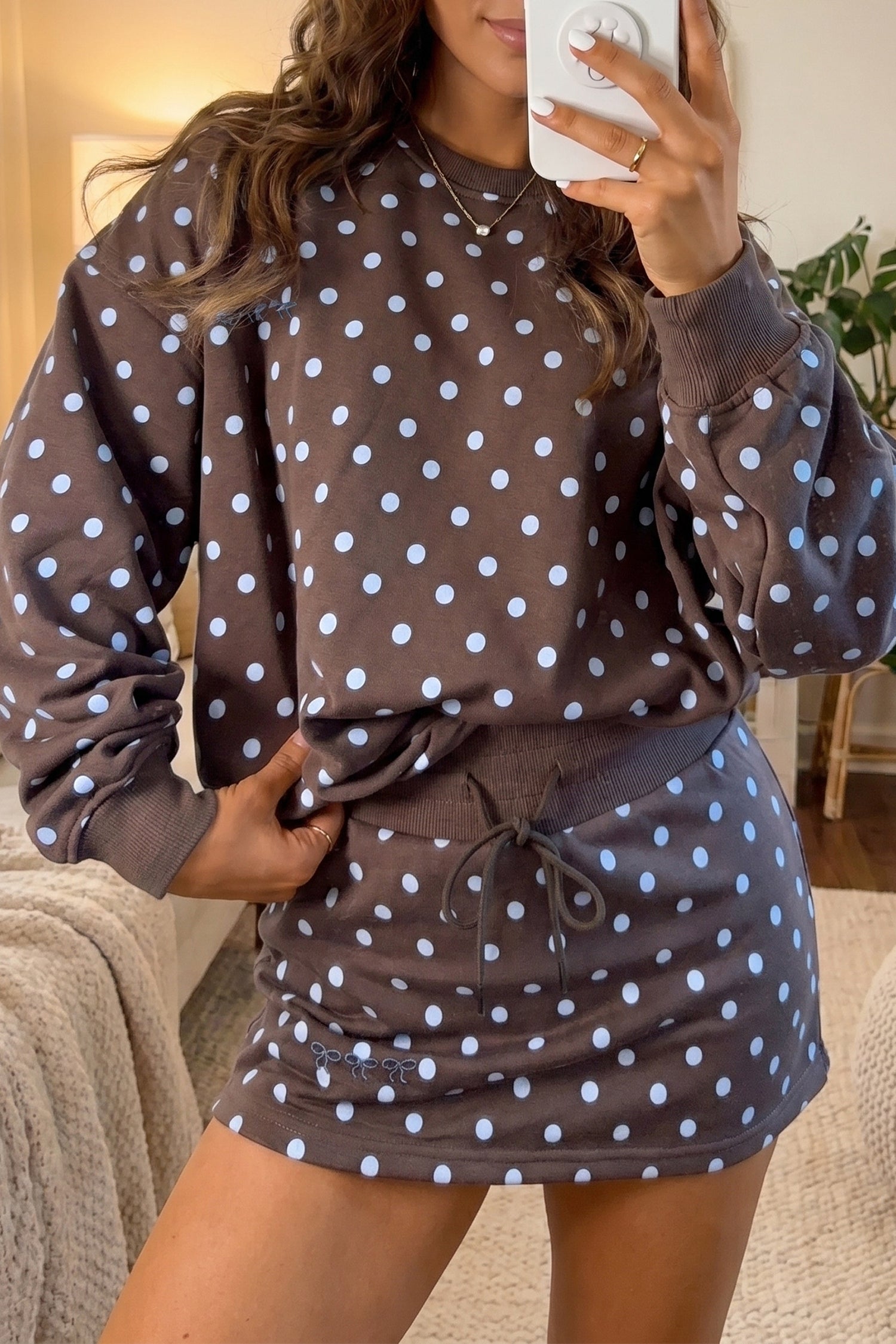 Ensemble femme brodé, pois, manches longues — marron