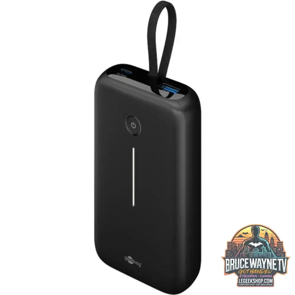 goobay Powerbank 20.000 mAh, integriertes USB-C Kabel 13cm, 30 Watt schwarz, 20 Ah, 1x USB-A, 2x USB-C, PD, QC - Stromquelle: USB-C