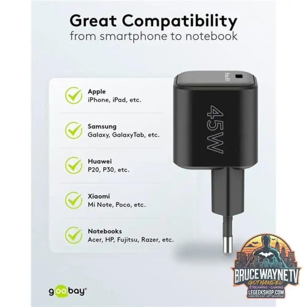 goobay USB-C Schnellladegerät Nano, PD, GaN, 45 Watt schwarz, 1x USB-C, Power Delivery 3.0 - goobay - vue 9