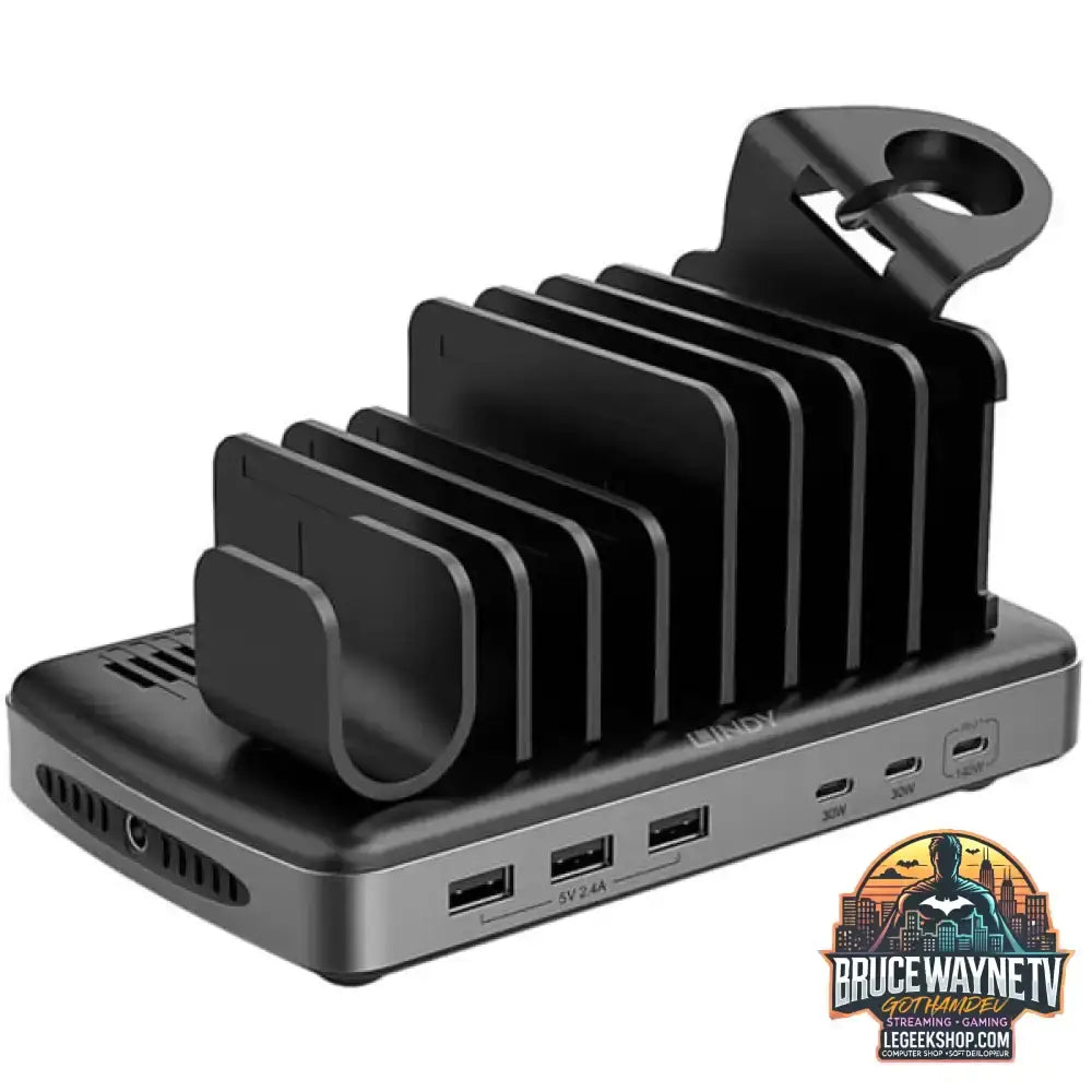 Lindy 160W 6 Port USB-Ladestation, 3x USB-A + 3x USB-C schwarz/grau, PD 3.0, QC 3.0/4.0, Samsung AFC, gleichzeitiges Laden von 6 Tablets / Smartphones - Lindy