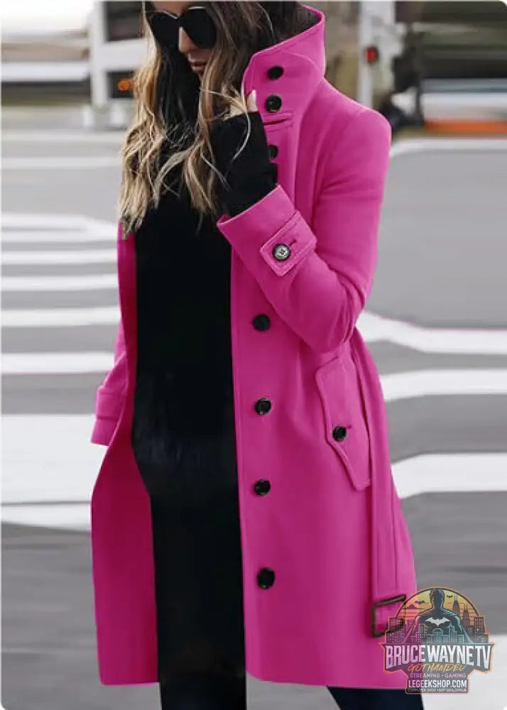🧥 Manteau Femme Laine Col Montant Slim Fit Élégant 🧥 - Rose Red / L - Manteau Femme