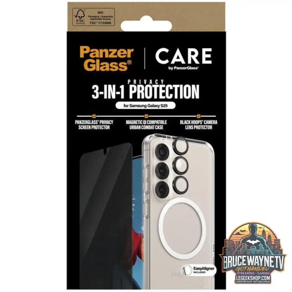 PanzerGlass Flagship 3-in-1 Privacy Set transparent/weiß, Samsung Galaxy S25, QI-kompatibel, EasyAligner - PanzerGlass