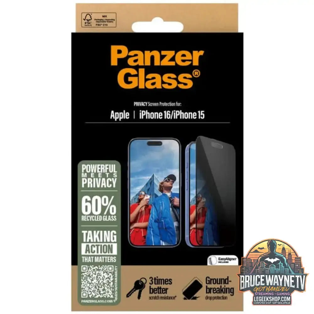 PanzerGlass Privacy Displayschutz Ultra-Wide Fit, Schutzfolie transparent, iPhone 16 / 15 - PanzerGlass