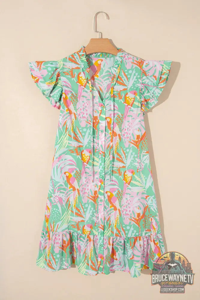 Robe boutonnée à manches flottantes et à volants floraux abstraits vert - Green / S / 100% Cotton - Dresses/Floral