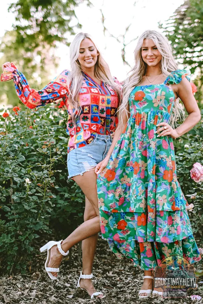 Robe longue à volants et à volants sans manches à imprimé floral vert - Dresses/Floral Dresses