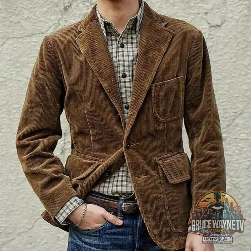 Veste Blazer Homme Velours Côtelé Hiver Casual Chaud Noir Marron Vert Bleu - Brown / S - Veste Homme