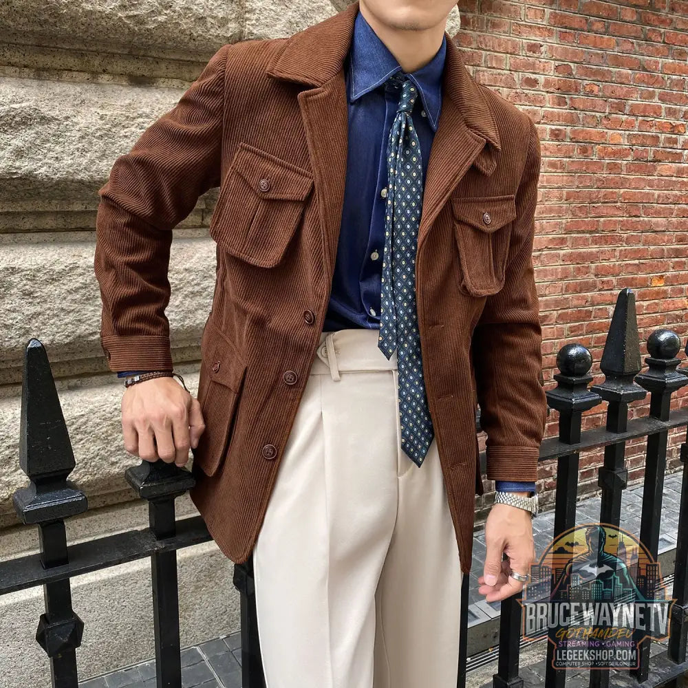 Veste Homme Velours Côtelé Casual Slim Fit Kaki Épaisse - Veste Homme