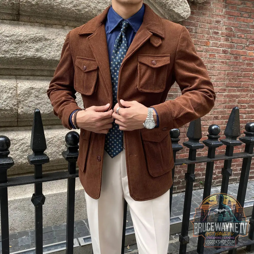 Veste Homme Velours Côtelé Casual Slim Fit Kaki Épaisse - Veste Homme