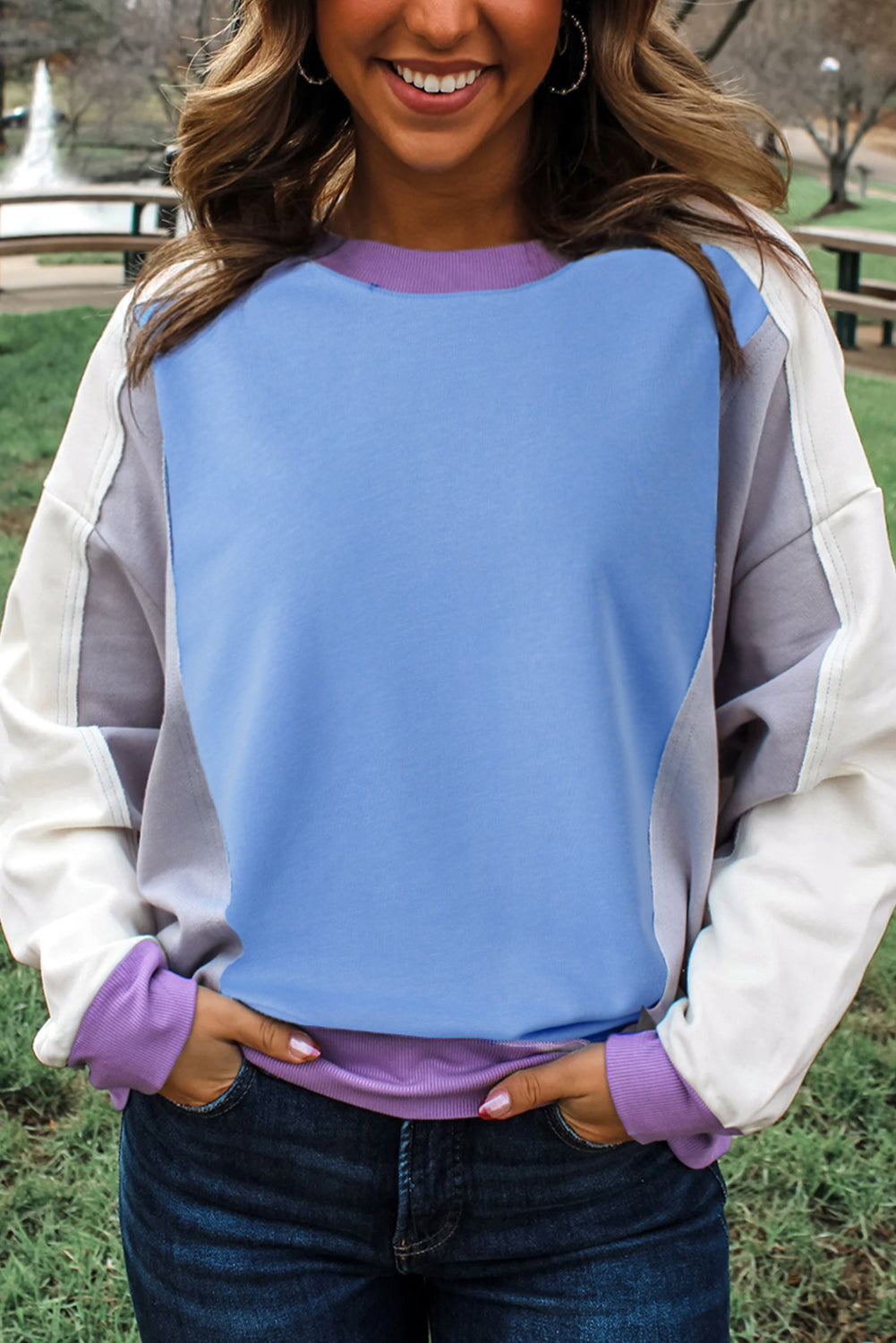 Sweat femme patchwork, côtelé, colorblock — bleu