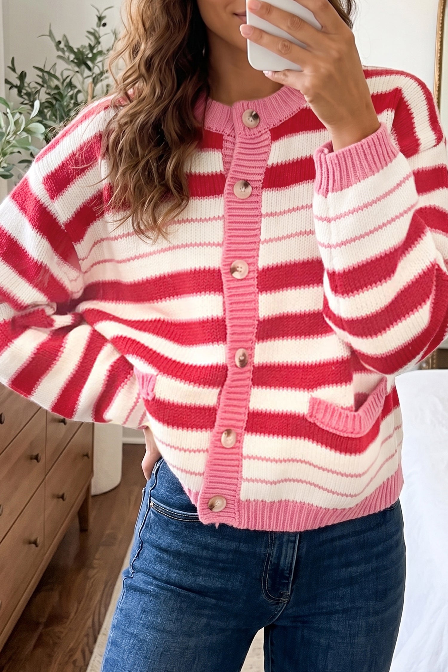 Cardigan femme rayé, manches longues, col V — rouge