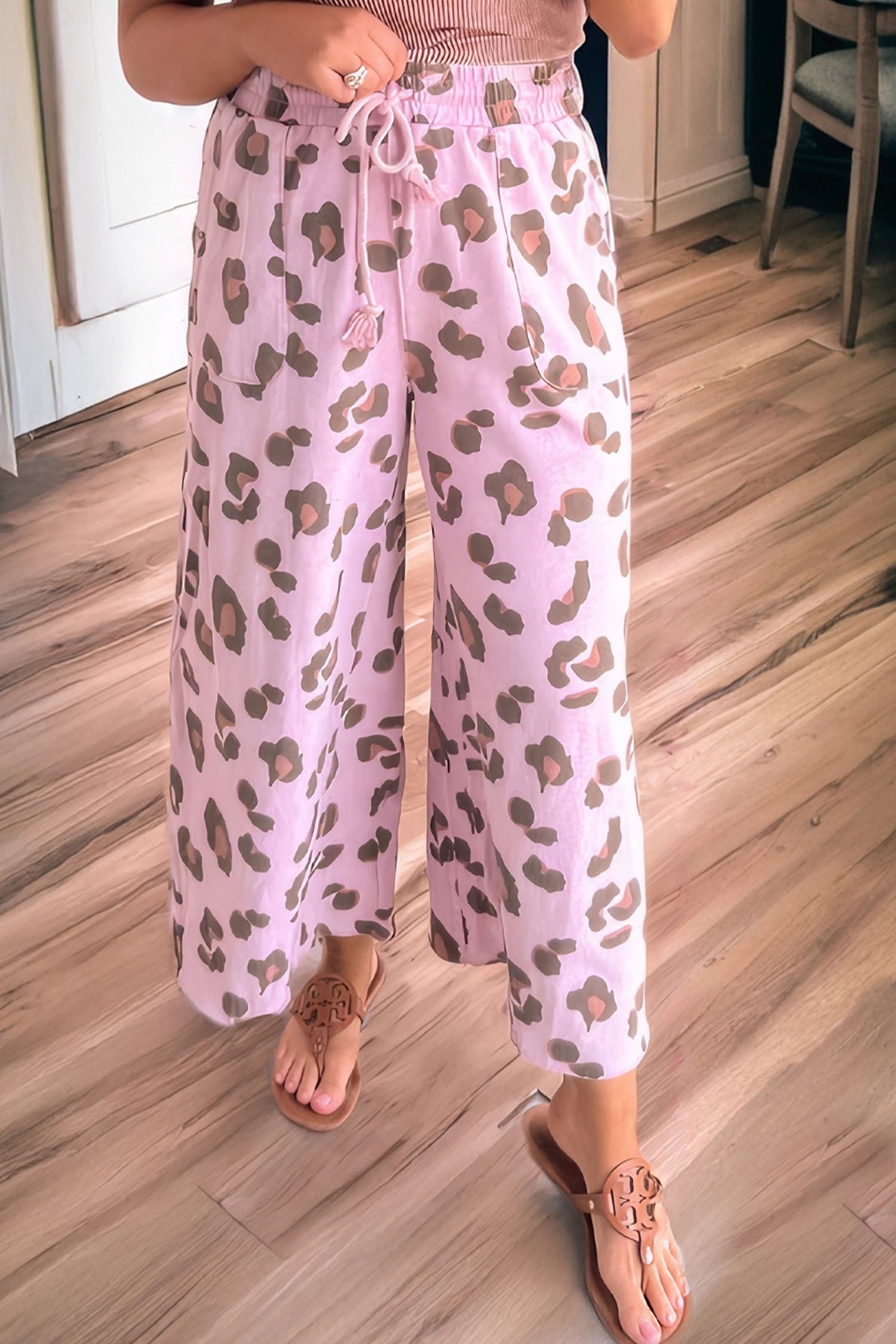 Pantalon femme léopard, à cordon, poches, ample — rose