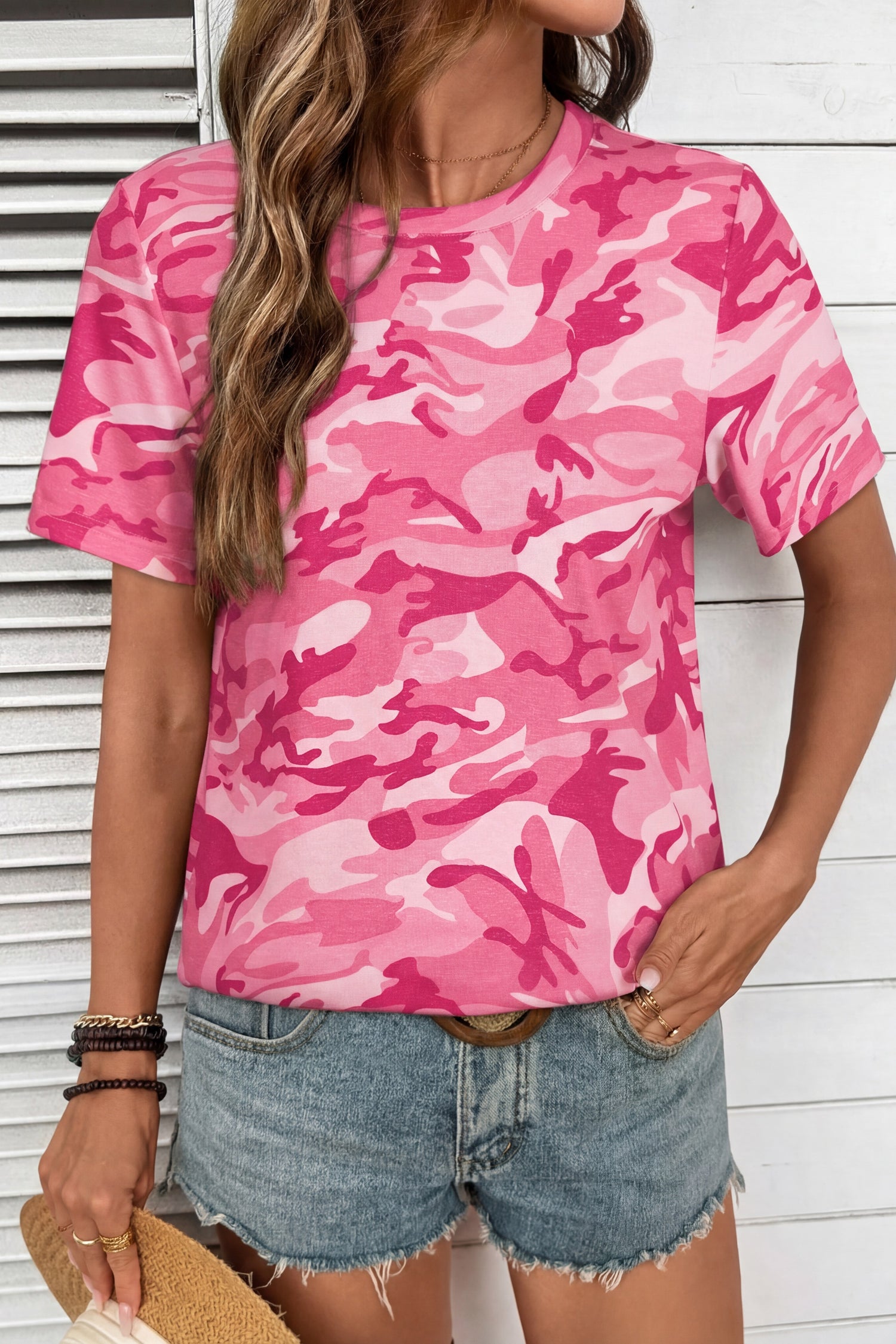T-shirt femme camouflage, col rond — rose