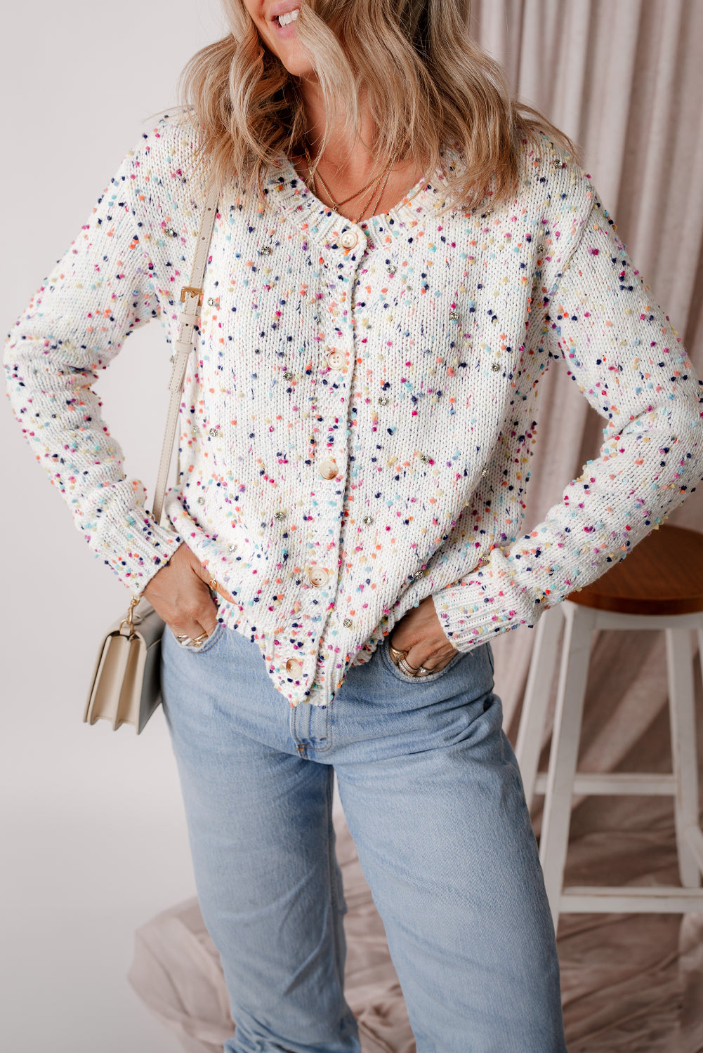 White Rhinestone Decor Multicolor Confetti Sweater Cardigan femme
