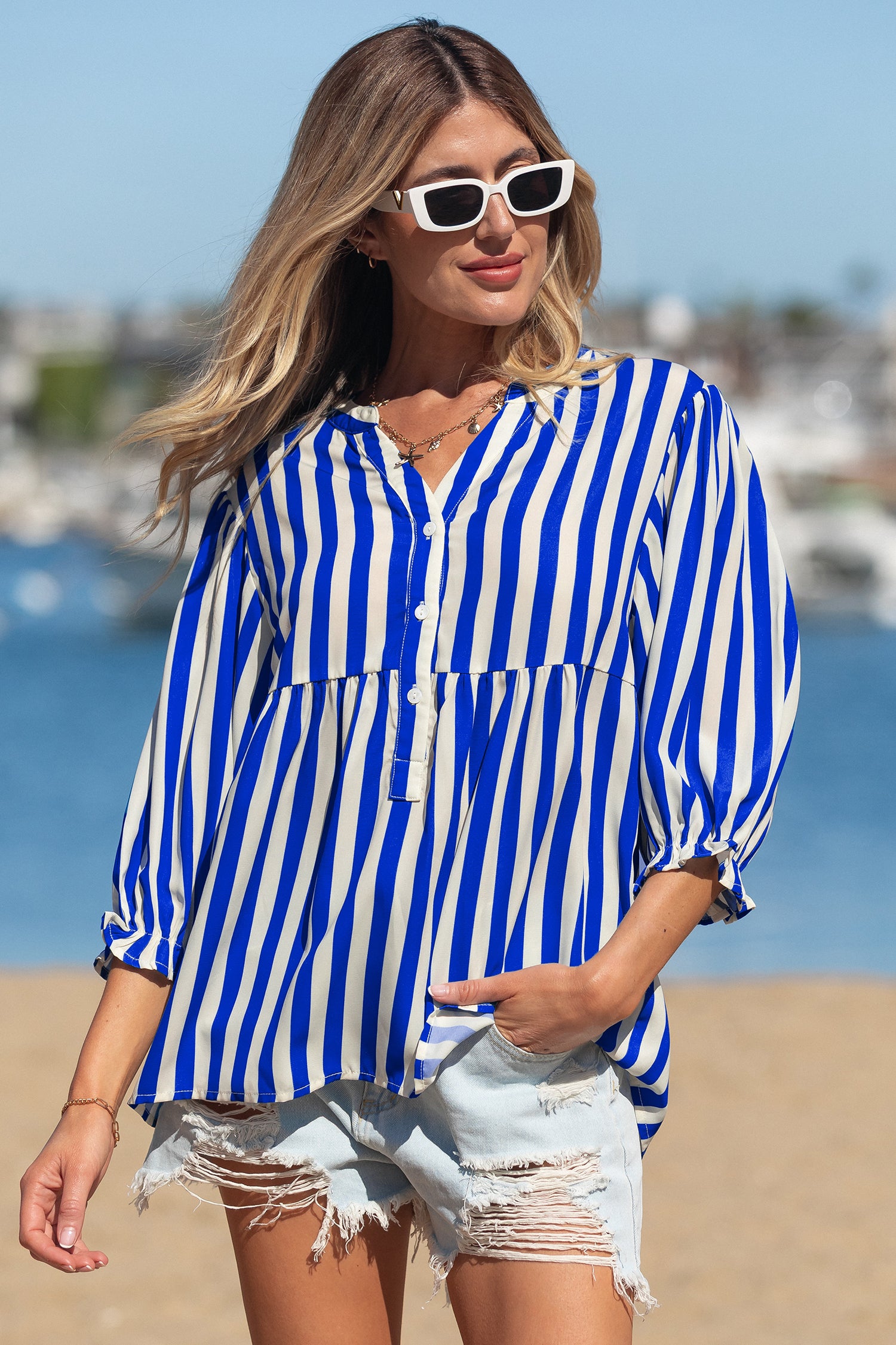 Chemise femme rayé, boutonnée, ample — bleu ciel