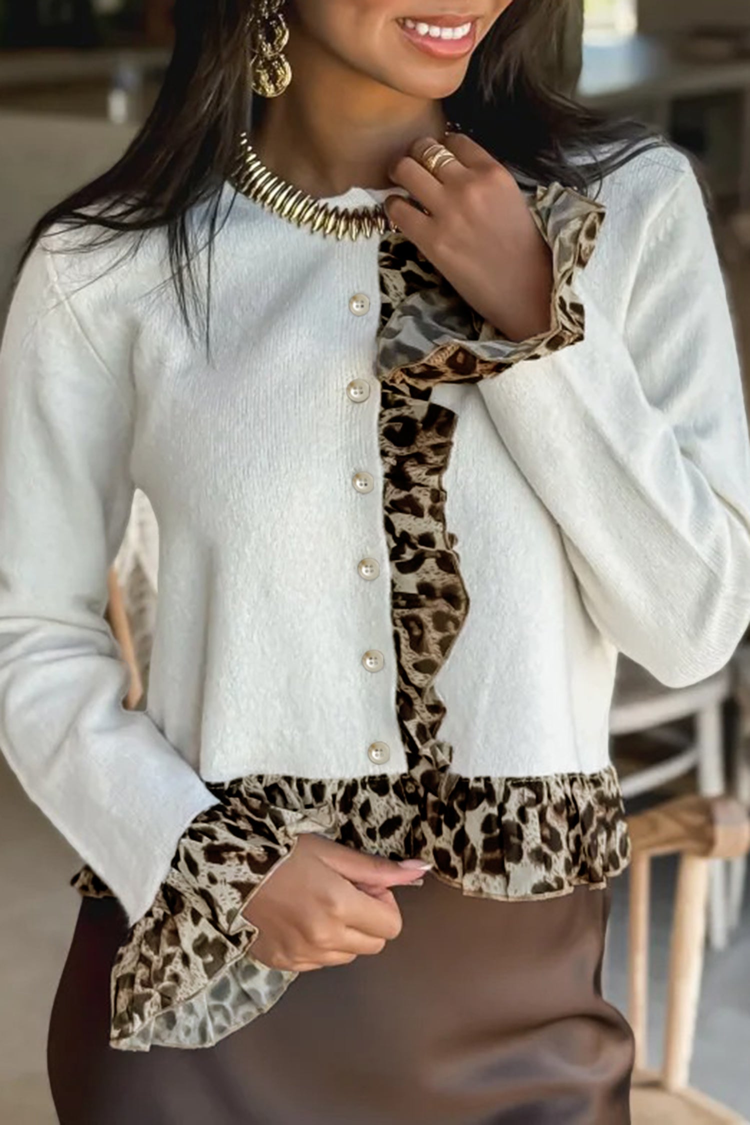 White Knitted Leopard Ruffle Patchwork Button Down Cropped Cardigan femme