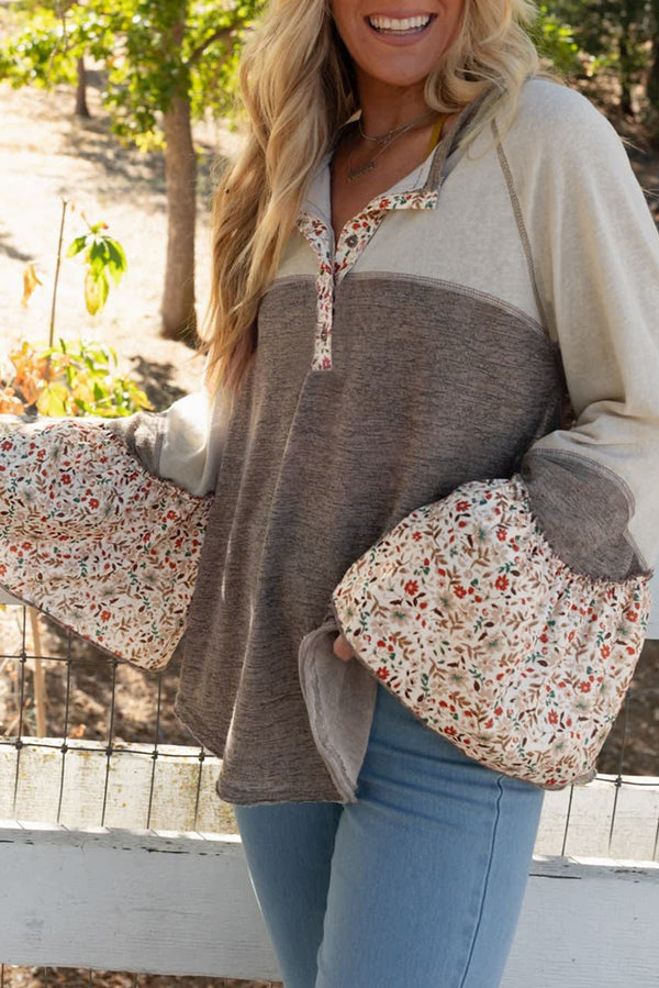 Haut femme floral, patchwork, boutonnée, colorblock