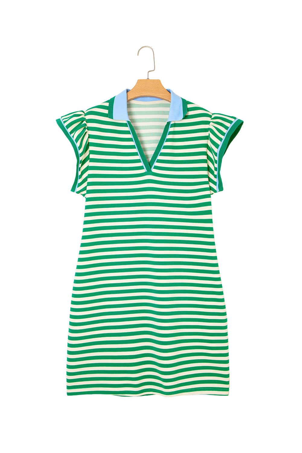 Green Stripe Print Contrast Collar Split Neck Flutter Sleeve Robe courte