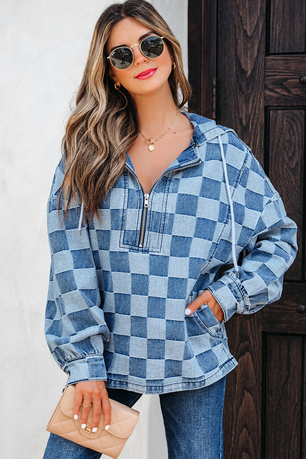 Hoodie femme zip, poches, à capuche, denim — bleu ciel