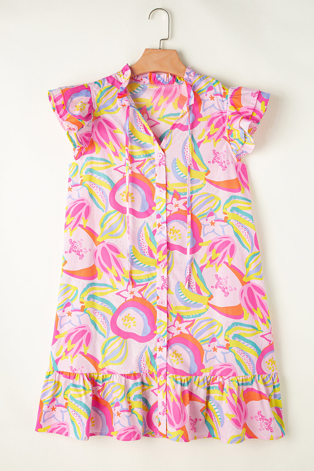 Robe boutonnée à manches flottantes et à volants floraux abstraits vert