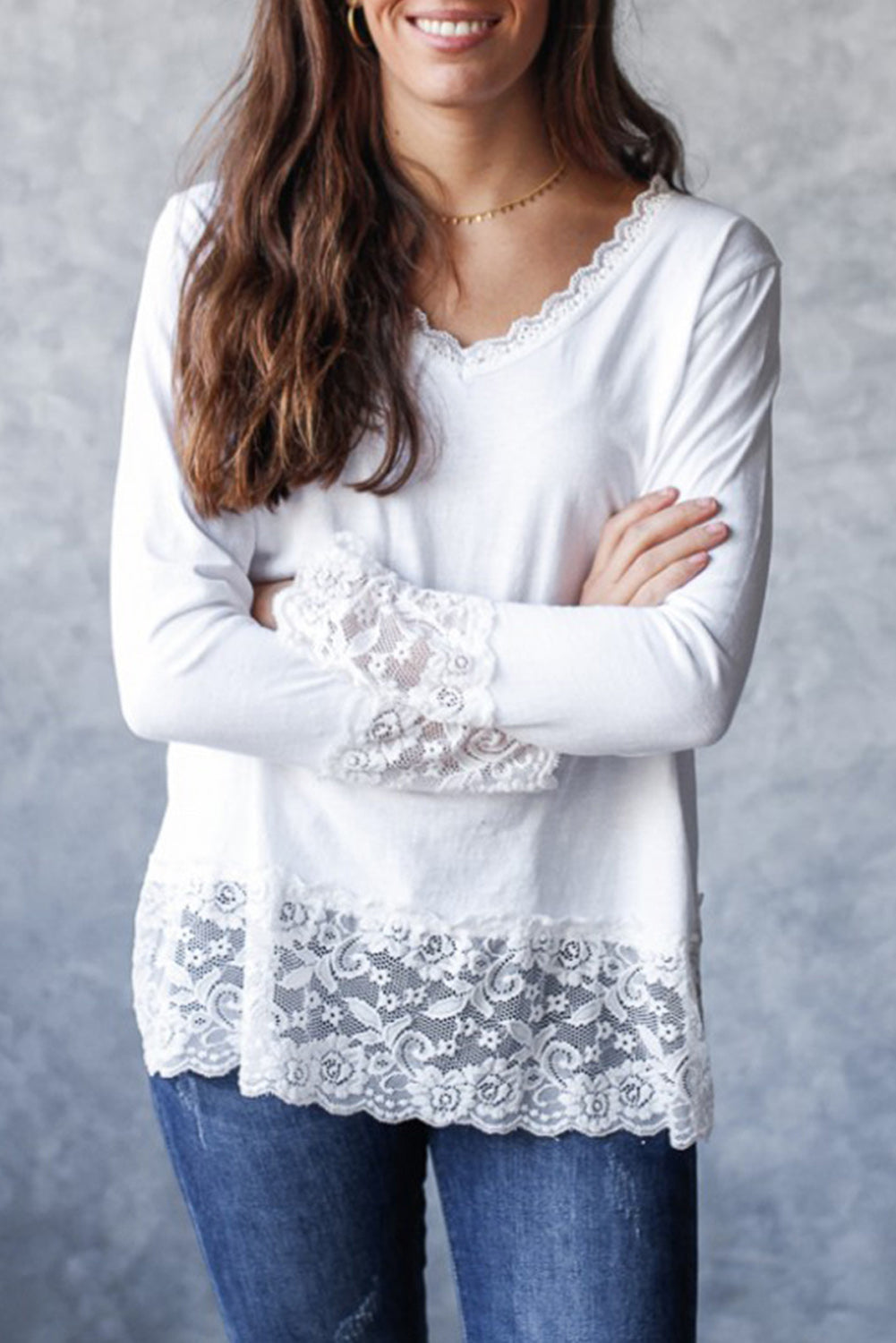 Haut femme manches longues, col V, ample — blanc