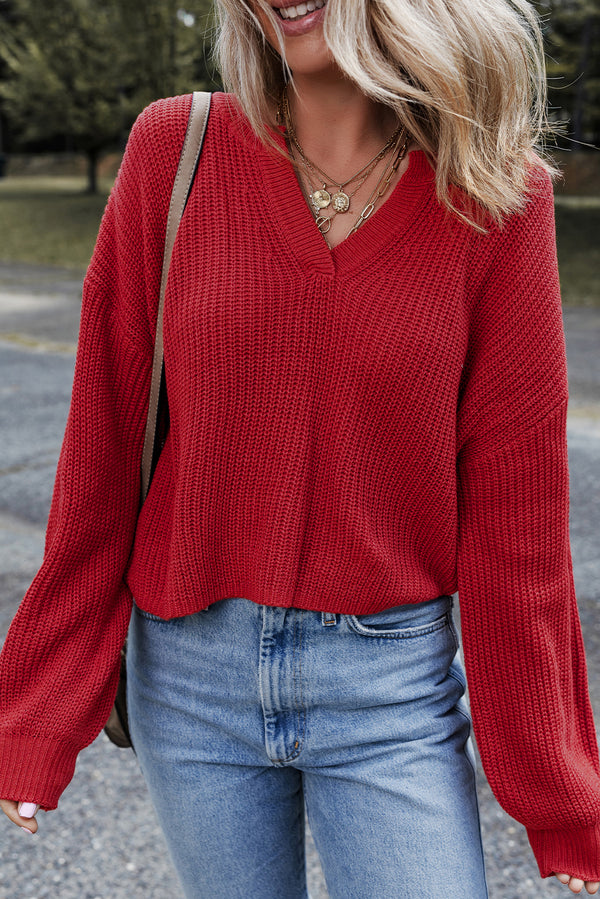 Pull femme en maille, épaules tombantes, col V, uni — rouge