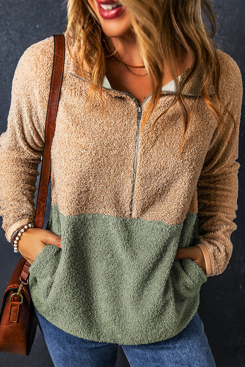 Sweat femme zip, colorblock — gris