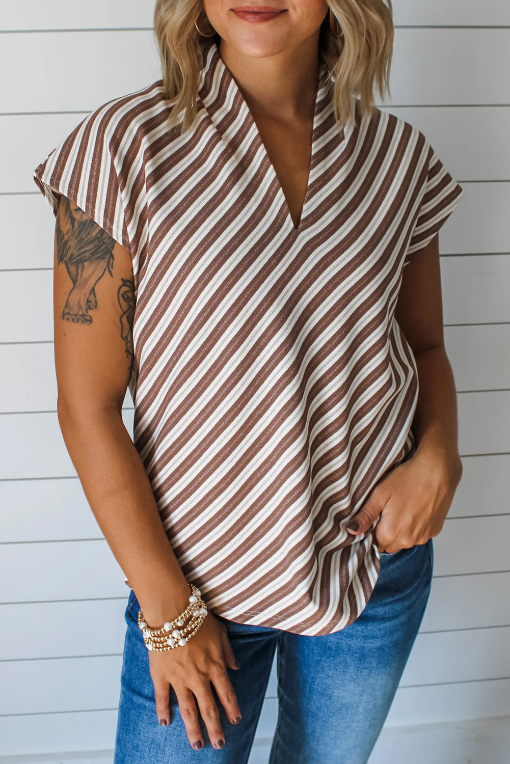Blouse femme rayé, manches courtes, col V