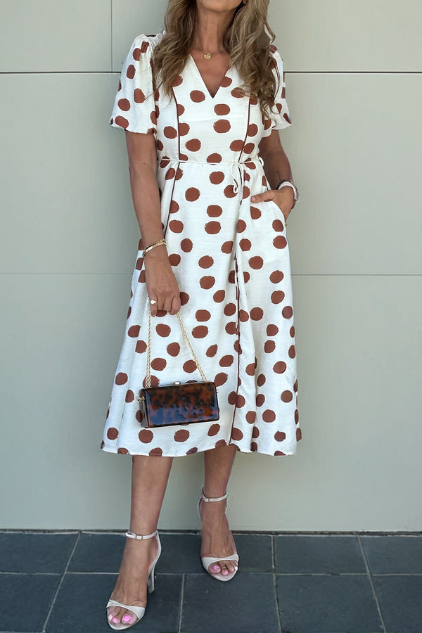 Robe midi femme pois, manches courtes, col V, midi — blanc