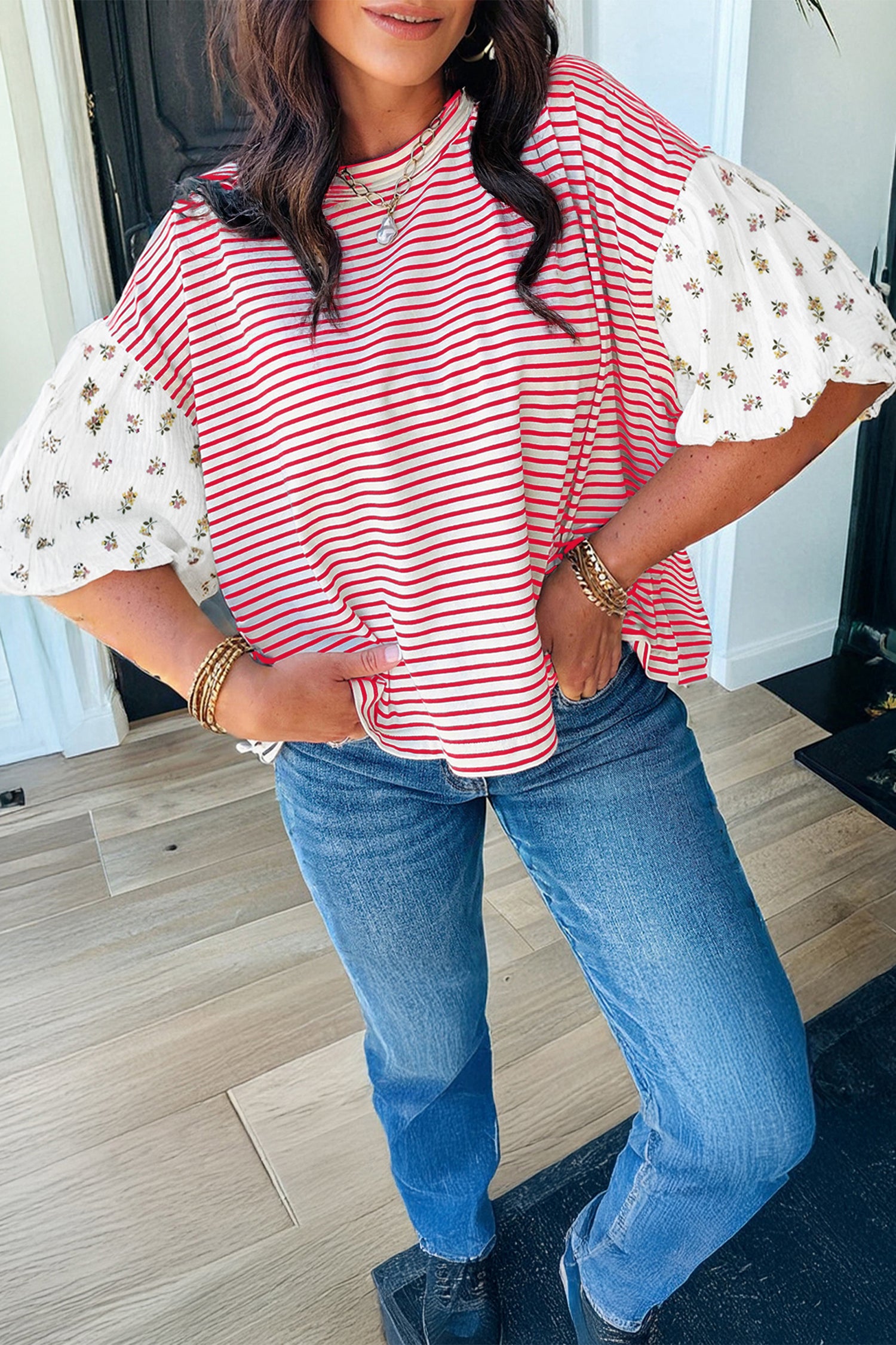 Red Stripe Floral Puff Sleeve Patchwork Round Neck Loose Top