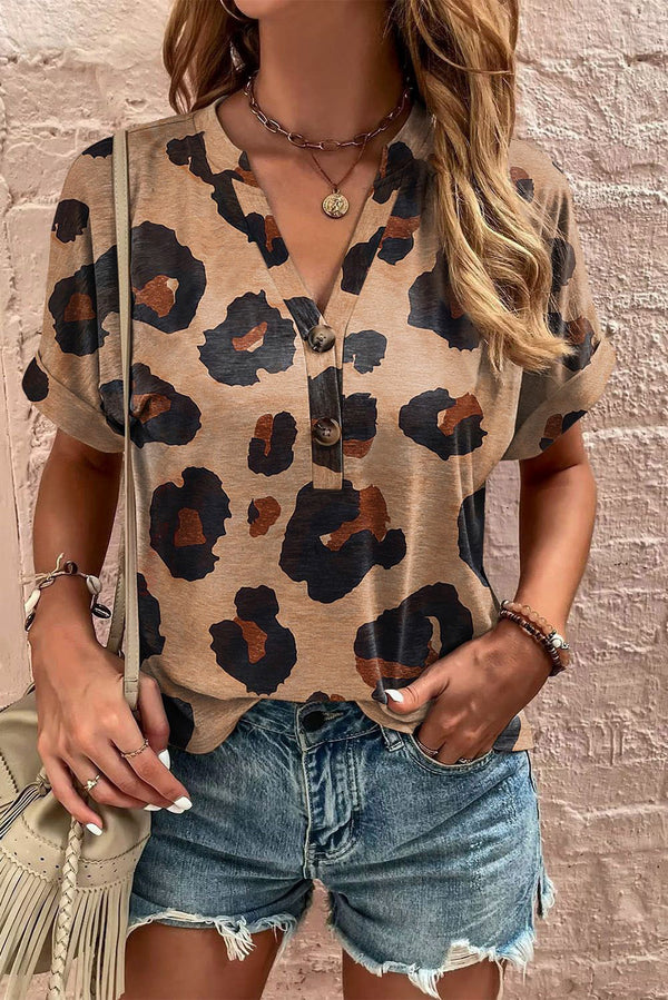 T-shirt femme léopard, boutonnée, manches courtes, col V — beige