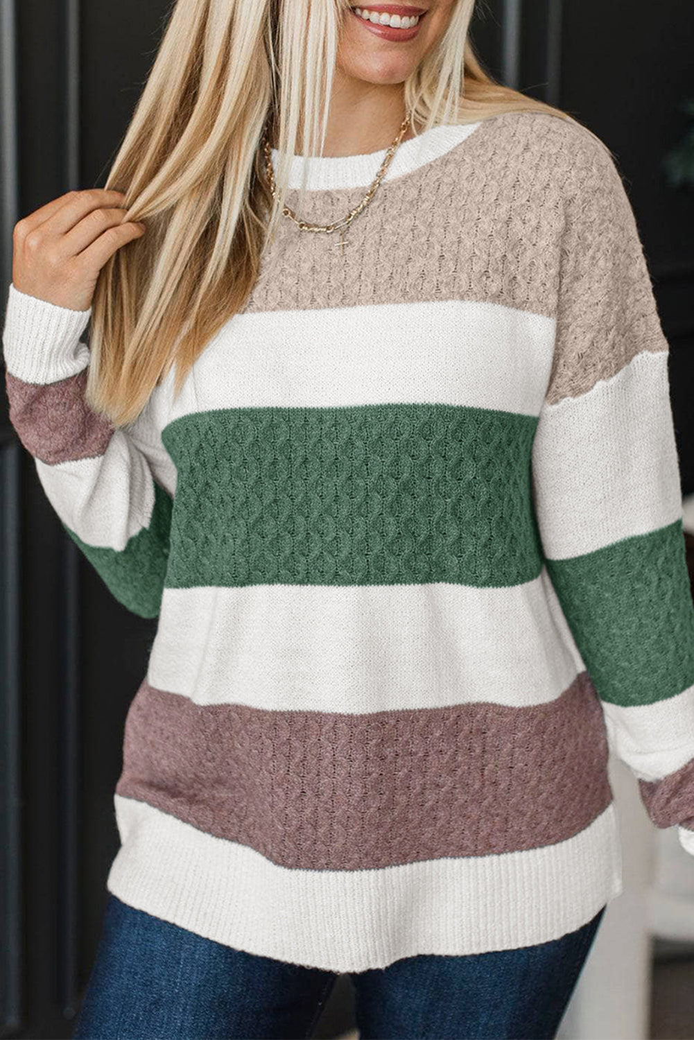 Pull femme rayé, en maille, ample, colorblock — vert